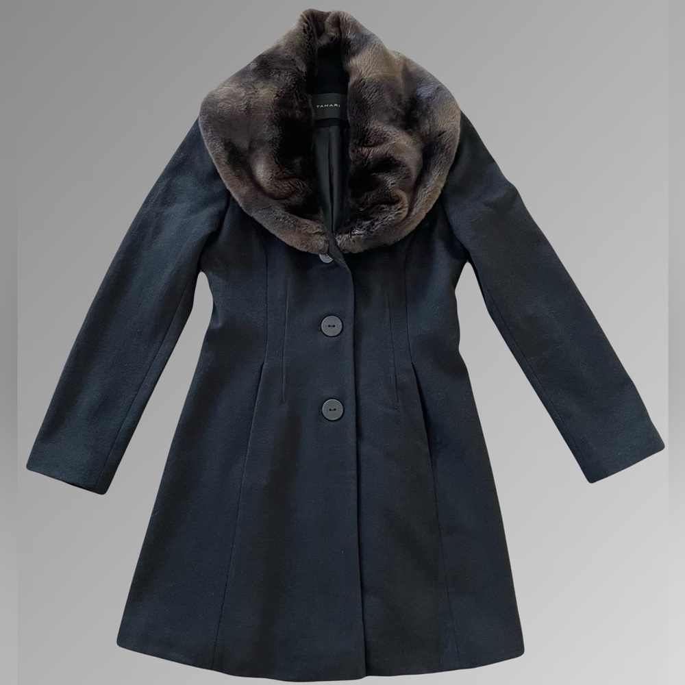 Tahari Black Wool Blend Coat with Brown Faux Fur Collar - Picture 5 of 10